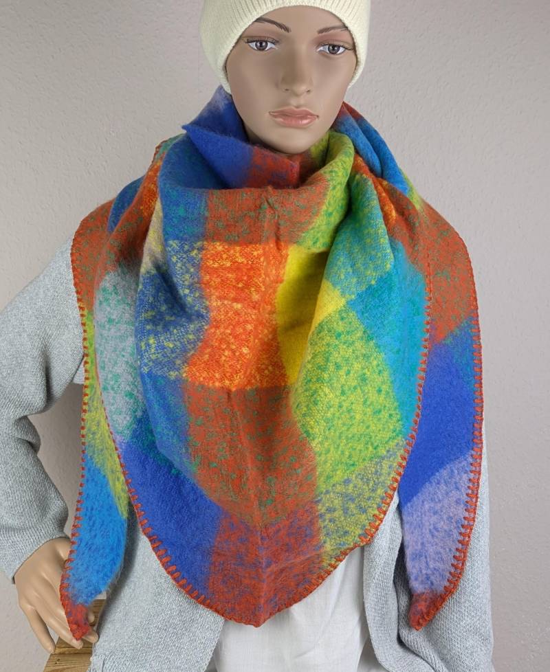xl Dreieckstuch Kariert Regenbogen Farben Kuschelig Wolle-Viskose>Flauschschal Karo>Winterschal Kuschelschal Webschal>Geschenk Für Sie von SockeSchalMuetze