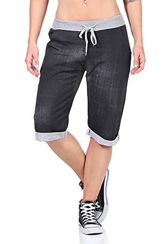 Damen Sommerhosen leichte Sweathose Caprihosen Jeans Optik Bermuda Hose Bequeme Damenshorts Jogpants (38-40, Grau-Schwarz, Numeric_38) von Sockenhimmel