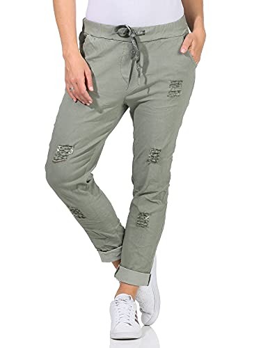 Sockenhimmel Chino Hosen Damen leichte Stretchhose Tapered Sommerhose Distressed Damen Jeans Hosen mit Kordelzug (36-38, Khaki, Numeric_36) von Sockenhimmel