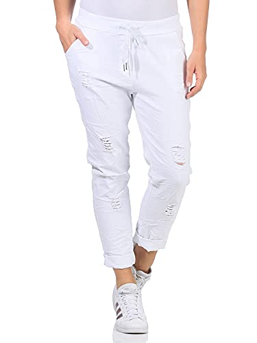 Sockenhimmel Chino Hosen Damen leichte Stretchhose Tapered Sommerhose Distressed Damen Jeans Hosen mit Kordelzug (38-40, Weiß, Numeric_38) von Sockenhimmel