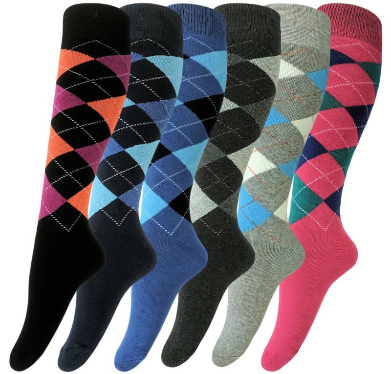 Sockenhimmel Kniestrümpfe 6 Paar warme Damen Kniestrümpfe mit buntem Karomuster Fuß-/Schaftbereich mit Frottee, breiter Komfortbund von Sockenhimmel