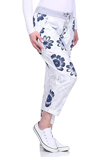 Sockenhimmel Sommerhose Damen Sporthose mit Blumen Optik angenehme Freizeithosen luftig leichte Yogahosen (38-40, Weiß/Blau/Grau) von Sockenhimmel