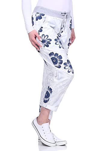 Sommerhose Damen Sporthose mit Blumen Optik angenehme Freizeithosen luftig leichte Yogahosen (42-44, Weiß/Blau/Grau) von Sockenhimmel