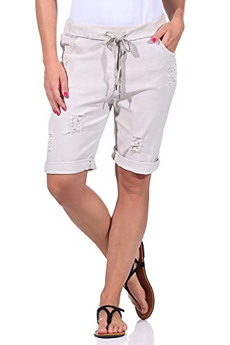 Sommerhosen Damen Shorts Kurze Damenhosen Destroyed leichte Jeans Bermuda moderner Look Distressed Caprihosen Stretch Sommer Chino mit Rissen (38-40, Natur) von Sockenhimmel