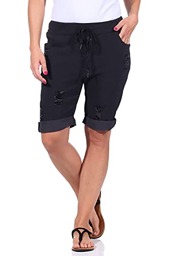 Sommerhosen Damen Shorts Kurze Damenhosen Destroyed leichte Jeans Bermuda moderner Look Distressed Caprihosen Stretch Sommer Chino mit Rissen (38-40, Schwarz) von Sockenhimmel