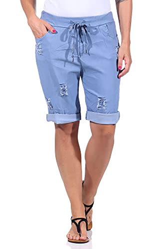 Sommerhosen Damen Shorts Kurze Damenhosen Destroyed leichte Jeans Bermuda moderner Look Distressed Caprihosen Stretch Sommer Chino mit Rissen (40-42, Jeans) von Sockenhimmel