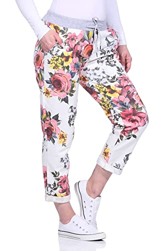 Sockenhimmel Sommerhosen für Damen Jogpants mit Blumen Jersey Sport-Freizeithosen angenehme Kur- oder Rehahose leichte Damenhosen mit Schnürung 36-46 (38-40, Creme-Weiß) von Sockenhimmel