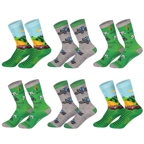 Damen Jungen Mädchen Socken (6 Paar) witzig bunt I Baumwolle Ifarbige Ringel I Wiese I Scheune I Kühe I Traktor I 31-34 von Sockenversandhandel