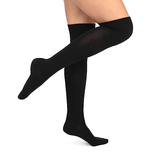 Damen Mädchen Overknee (1 Paar) lange Strümpfe extra lange Baumwolle Socken Überknie Beinwärmer Schenkel Socken Stiefel Knee College Cheerleader Kostüm High Socks 35-38 schwarz von Sockenversandhandel