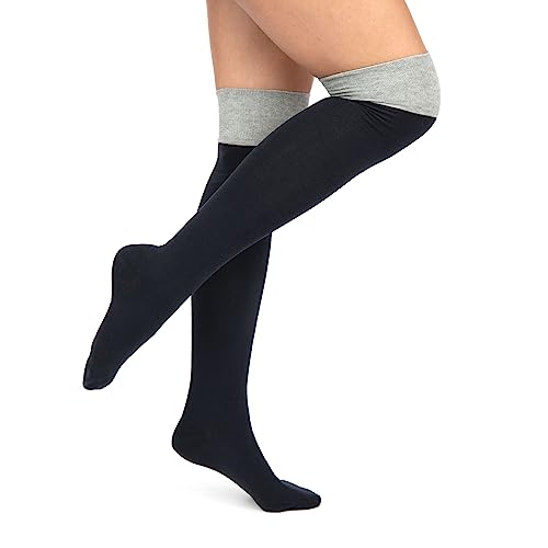 Damen Mädchen Overknee (1 Paar) lange Strümpfe extra lange Baumwolle Socken Überknie Beinwärmer Schenkel Socken Stiefel Knee College Cheerleader Kostüm High Socks 35-38 marine/grau von Sockenversandhandel