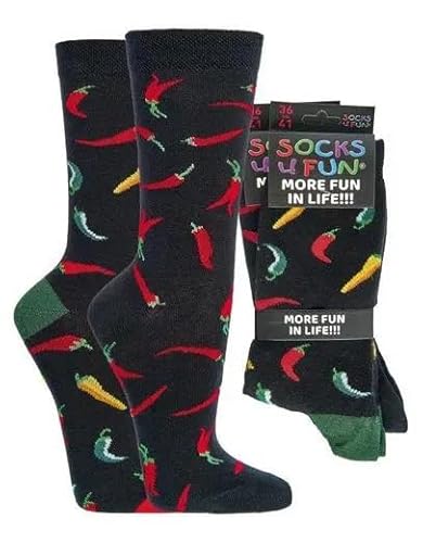 Socks 4 Fun Motivsocken Chili 2er Bündel - Coole Socken - 85% Baumwolle - EU 42-47 - Unisex - Black, Multicolored - Wadenlang - 2 Paar von Socks 4 Fun