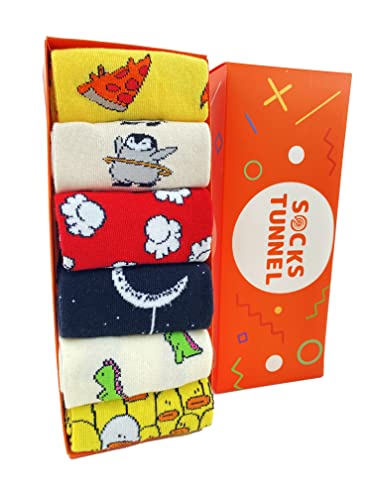Socks Tunnel Damen Lustige Bunte Socken aus Baumwolle mit Tiermotiv – Katze, Hund, Cartoon-Design (Größe 36-43) (DE/NL/SE/PL, Numerisch, 36, 43, Regular, Regular, 6 Strümpfe set 03) von Socks Tunnel