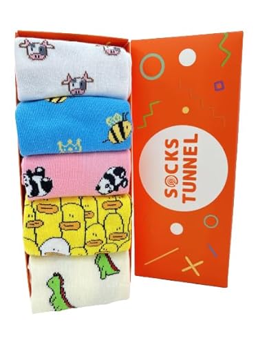 Socks Tunnel Damen Lustige Bunte Socken aus Baumwolle mit Tiermotiv – Katze, Hund, Cartoon-Design (Größe 36-43) (DE/NL/SE/PL, Numerisch, 36, 43, Regular, Regular, 5 Strümpfe set 04) von Socks Tunnel
