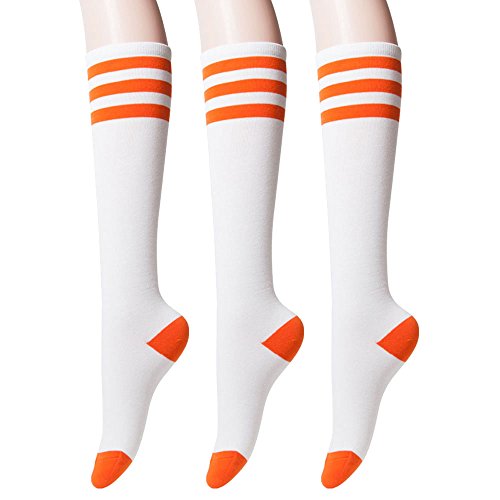 Einzigartige niedliche kniehohe Socken für Damen, gestreift, Leoparden-Totenkopf, Herz, gedrehte Strick-Argyle-Socken, Styling-Ideen, Kniehoch, Orange, 3 Paar, Einheitsgröße von Sockstheway