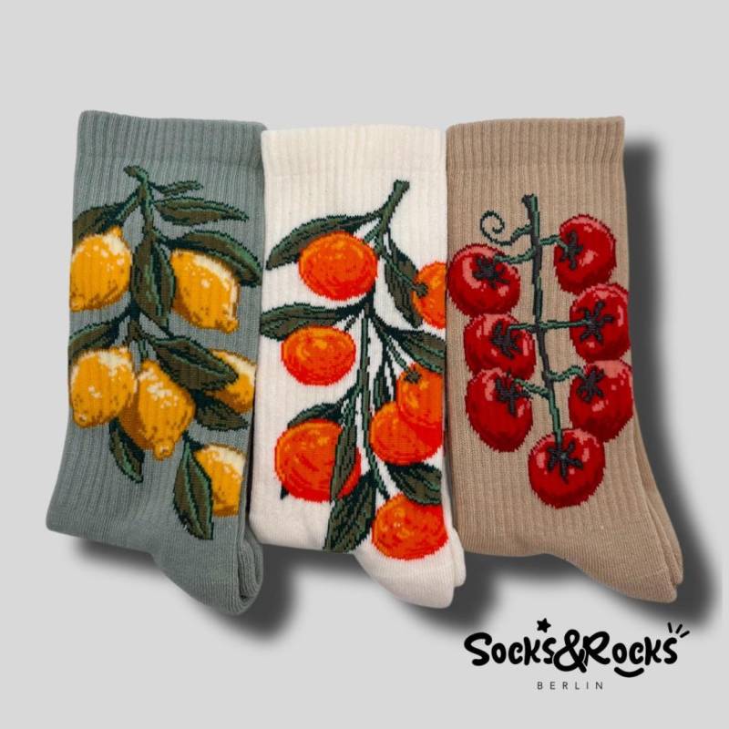 Socken Mit Früchten | Gemüsesocken Zitronen Tomaten Tangerines Zitrusfrucht Vegan Geschenk Zitronenmuster Tomatenmuster von SocksundRocks