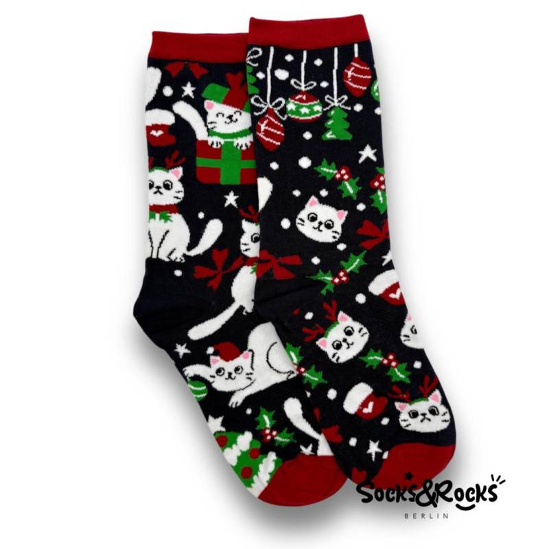 Süße Weihnachtskatze | Tier Socken Weihnachtssocken Katzensocken Weihnachtsgeschenk Adventskalender Lustige Mismatch-Socken von SocksundRocks