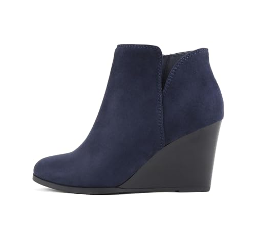 Soda Ability – Stiefelette mit geteiltem Schaft und Reißverschluss, gestapelter Keilabsatz, Navy Imsu, 38.5 EU von Soda