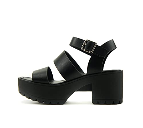 Soda Account ~ Damen-Sandalen mit offenem Zehenbereich, zwei Bänder, Stollensohle, modisch, Blockabsatz mit verstellbarem Knöchelriemen, Schwarz, 37.5 EU von Soda