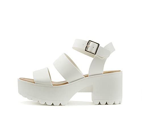 Soda Account ~ Damen-Sandalen mit offenem Zehenbereich, zwei Bänder, Stollensohle, modisch, Blockabsatz mit verstellbarem Knöchelriemen, Weiss/opulenter Garten, 40.5 EU von Soda