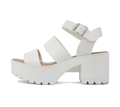 Soda Account ~ Damen-Sandalen mit offenem Zehenbereich, zwei Bändern, Stollensohle, modischer Blockabsatz mit verstellbarem Knöchelriemen, Weiss/opulenter Garten, 40 EU von Soda
