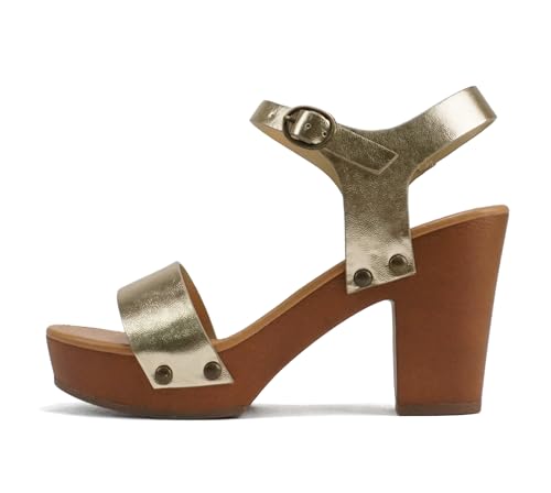 Soda CHIVAS ~ Damen Sandalen mit kräftigen Schnallen, Keilabsatz, Gold PU, 39 EU von Soda