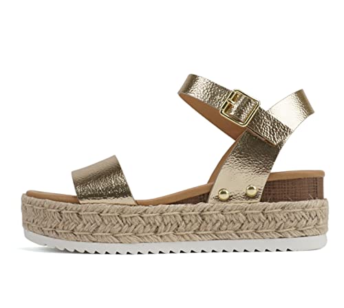 Soda CLIP ~ Damen-Sandale mit offenem Zehenbereich und Knöchelriemen, Plateau-Espadrille-Sandale, Helles Gold, 37.5 EU von Soda