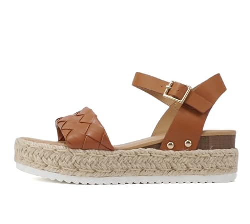 Soda Clip ~ Damen Espadrille mit offenem Zehenbereich, Knöchelriemen, Plateau-Sandalen, Geflochtenes Cognac, 43 EU von Soda