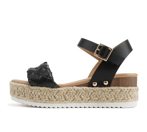 Soda Clip ~ Damen Espadrille mit offenem Zehenbereich, Knöchelriemen, Plateau-Sandalen, Geflochtenes Schwarz, 40 EU von Soda