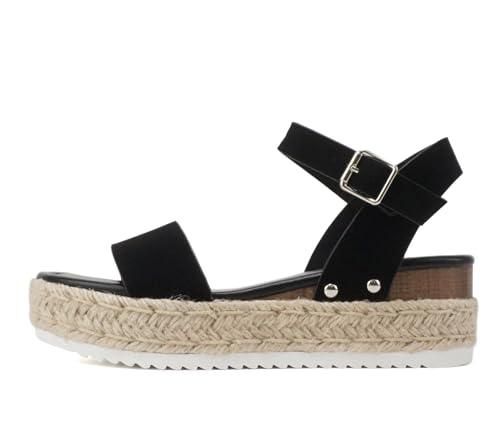 Soda Clip ~ Damen Espadrille mit offenem Zehenbereich, Knöchelriemen, Plateau-Sandalen, Schwarz Nubuk, 44 EU von Soda