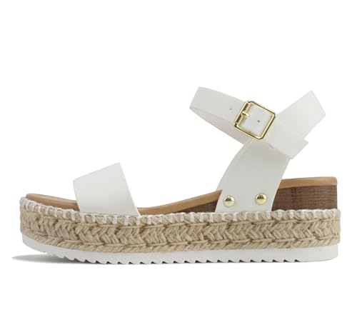 Soda Clip ~ Damen Espadrilles mit offenem Zehenbereich, Knöchelriemen, Plateau, Weißes PU (überwendete Nähte), 37.5 EU von Soda