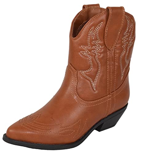 Soda Damen Cowgirl Cowboy Western genähte Stiefeletten mit spitzer Zehenpartie, kurze Stiefeletten, Rigging-S, Cognac, 38.5 EU von Soda