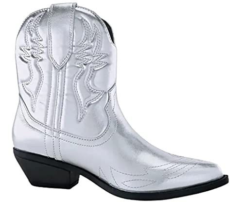 Soda Damen Cowgirl Cowboy Western genähte Stiefeletten mit spitzer Zehenpartie, kurze Stiefeletten, Rigging-S, silber, 38.5 EU von Soda