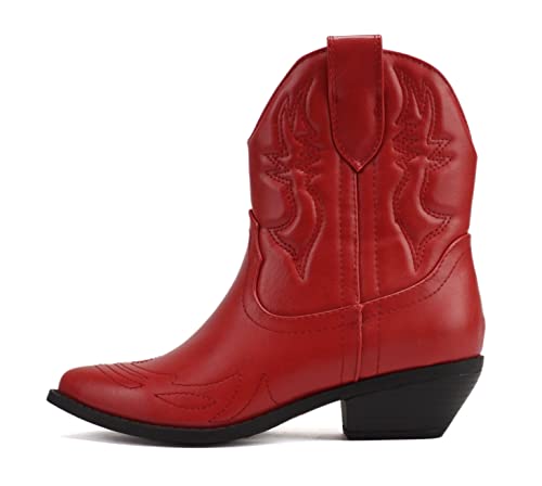 Soda Damen Cowgirl Cowboy Western genähte Stiefeletten spitze Zehen kurze Booties Rigging-S, Rot PU, 38.5 EU von Soda