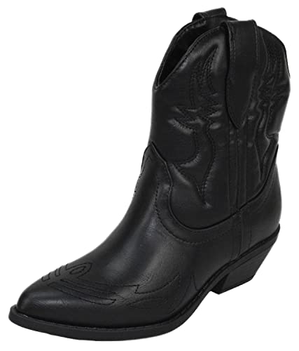 Soda Damen Cowgirl Cowboy Western genähte Stiefeletten spitze Zehen kurze Booties Rigging-S, Schwarz, 39 EU von Soda