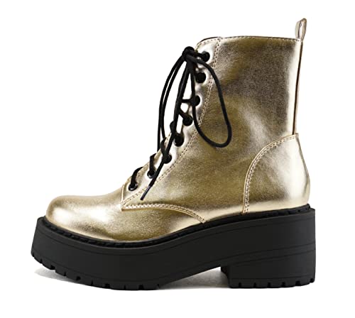 Soda Fling Damen-Stiefelette mit dicker Sohle, zum Schnüren, modisch, mit seitlichem Reißverschluss, Gold Metallic PU, 39 EU von Soda