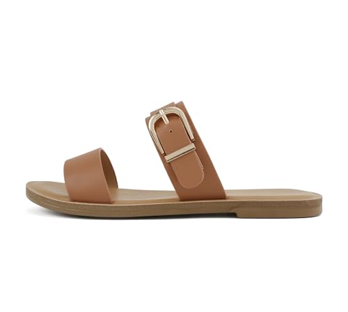 Soda Intent ~ Damen-Sandalen mit rundem Zehenbereich, Doppelband, flache Pantoletten mit Schnallenriemen, Braun PU, 37.5 EU von Soda