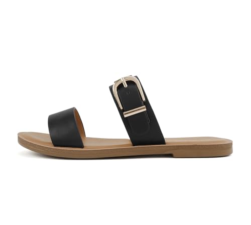 Soda Intent ~ Damen-Sandalen mit rundem Zehenbereich, Doppelband, flache Pantoletten mit Schnallenriemen, Schwarz (Black Pu), 39 EU von Soda