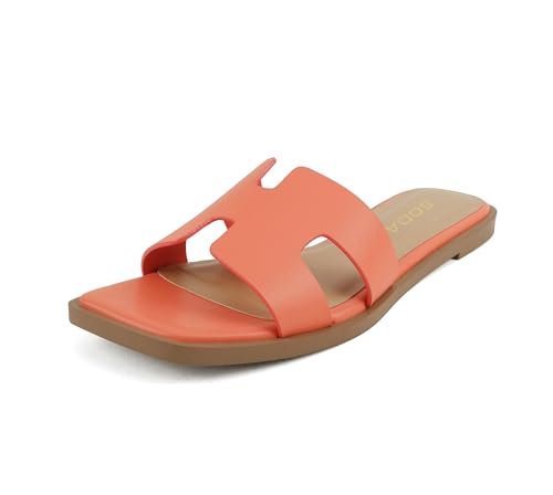 Soda Knit ~ Damen-Sandalen mit quadratischem Zehenbereich, H-Riemen, flach, Orange PU, 39.5 EU von Soda