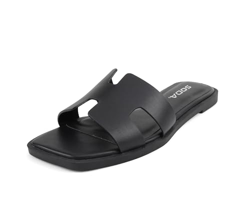 Soda Knit ~ Damen-Sandalen mit quadratischem Zehenbereich, H-Riemen, flach, Schwarz (Black Pu), 37 EU von Soda