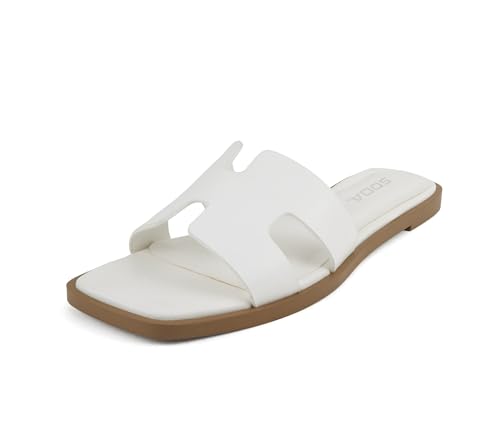 Soda Knit ~ Damen-Sandalen mit quadratischem Zehenbereich, H-Riemen, flach, Weißes Pu, 36 EU von Soda