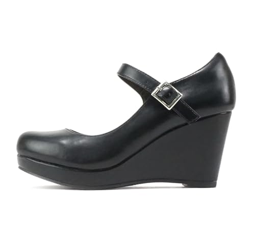 Soda Merry ~ Mary Jane Damen-Schuhe mit Riemen, bequem, Plateau, Keilabsatz, Pumps, Schwarz (Black Pu), 38 EU von Soda