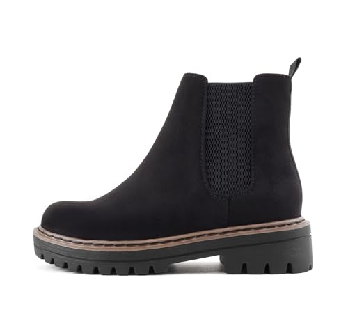 Soda Pilot Chelsea-Stiefelette mit niedrigem Absatz und doppeltem elastischem Gore für Damen, Schwarzes Wildlederimitat/hellbraune Einfassung, 43 EU von Soda