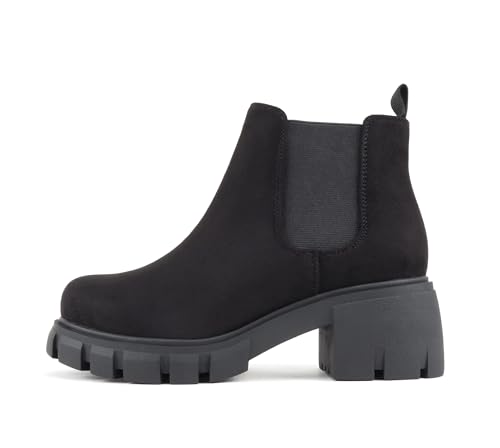 Soda Pioneer Chelsea-Stiefelette für Damen, Stollensohle, mittelhoher Absatz, mit doppeltem elastischem Gore, Black Imit Suede, Wide, 39.5 EU Weit von Soda