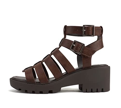 Soda Rebirth" Damen-Sandalen mit offenem Zehenbereich, Multi-Riemen, Schnalle, Sohle mit niedrigem Blockabsatz, Braun PU, 40.5 EU von Soda