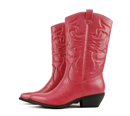 Soda "Rodeo" ~ kniehohe Western-Cowboystiefel für Damen mit genähten Details, spitzer Zehenpartie und niedrigem Blockabsatz, A-rotes PU, 38 EU Soda "Rodeo" ~ kniehohe Western-Cowboystiefel für Damen mit genähten Details, spitzer Zehenpartie und niedrigem Blockabsatz, A-rotes PU, 38 EU von Soda