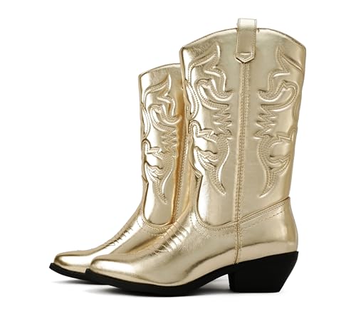 Soda "Rodeo" ~ kniehohe Western-Cowboystiefel für Damen mit genähten Details, spitzer Zehenpartie und niedrigem Blockabsatz, C-Gold Met, 37.5 EU Weit von Soda