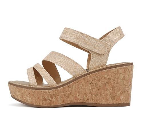 Soda "Sheet" ~ Damen-Sandalen mit rundem Zehenbereich, mehrere Riemen, Keilabsatz, Natürlicher Bast, 8.5 von Soda