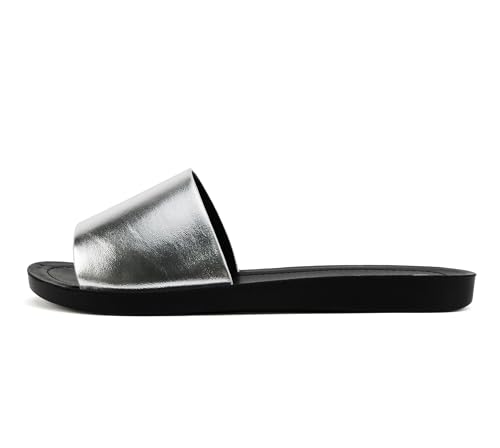 Soda Shoes Efron-S Damen-Flip-Flops, schlicht, Slip-On-Sandalen, lässig, Peep-Toe, Strand, Silber Metallic/Schwarz, 38 EU von Soda