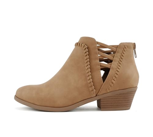 Soda Sincere Damen-Stiefelette mit niedrigem Knöchelabsatz und elastischen Kreuzriemen (breite Passform erhältlich), Hellbraunes NBPU, 38.5 EU Weit von Soda