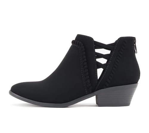 Soda Sincere Damen-Stiefelette mit niedrigem Knöchelabsatz und elastischen Kreuzriemen (breite Passform erhältlich), Schwarz Nubuk, 37 EU Weit von Soda